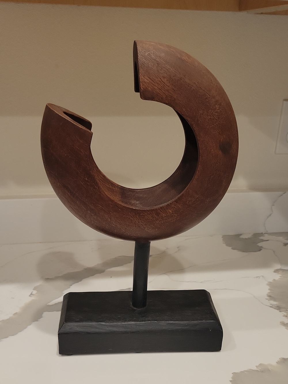 Wooden Brown Decorative Crescent Sculpture on Black Stand - Home Art
